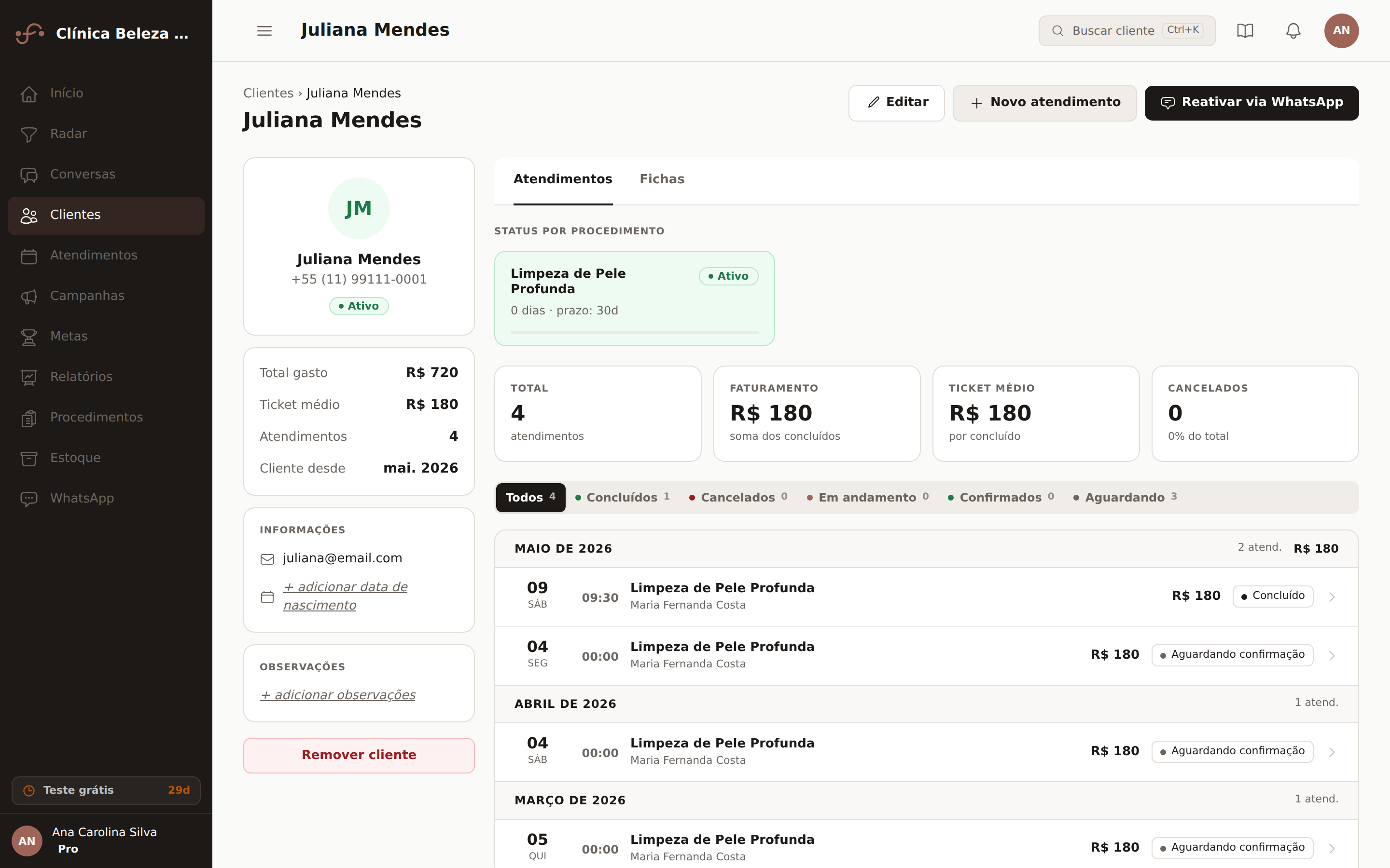 Perfil do cliente no Fideliq: status por procedimento, ticket médio, atendimentos agrupados por mês